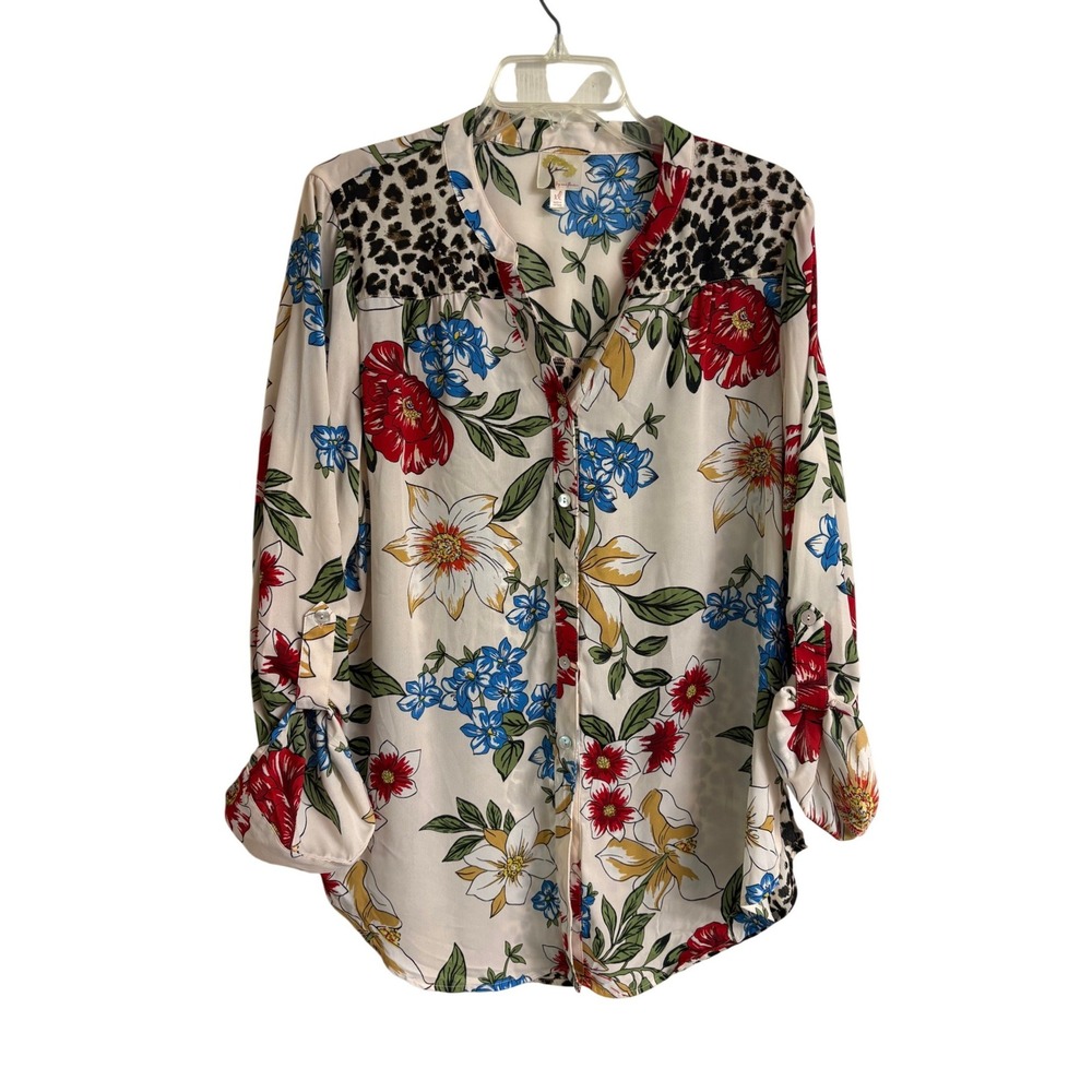 Fig and Flower Floral Leopard Button Up Boho Peasant NWT Blouse XL - Picture 1 of 10
